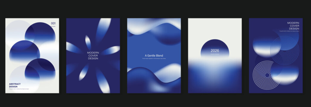 Abstract gradient poster templates set. Vector blue geometric covers with blurred light effects, modern grid layouts and futuristic shapes for flyer, brochure and presentation design.