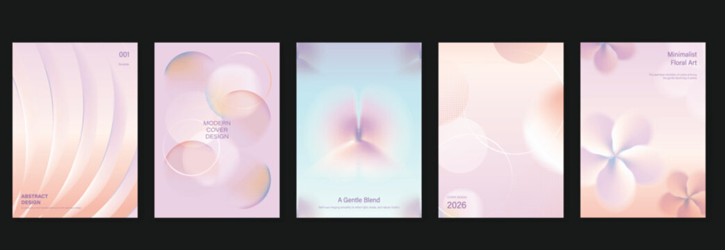 Pastel abstract gradient poster templates set. Vector soft pink blue peach covers with blurred organic shapes, flowing curves and delicate floral forms for brochure, flyer and presentation design.