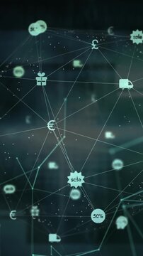 Animation of network of connections with icons and globe on black background