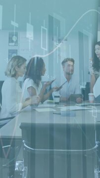 Animation of financial data processing over business people in office