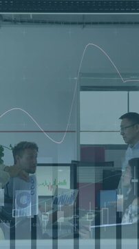 Animation of financial data processing over diverse group of business people