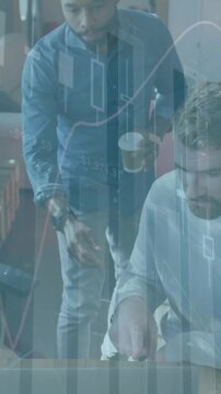 Animation of financial data processing over business people working in office