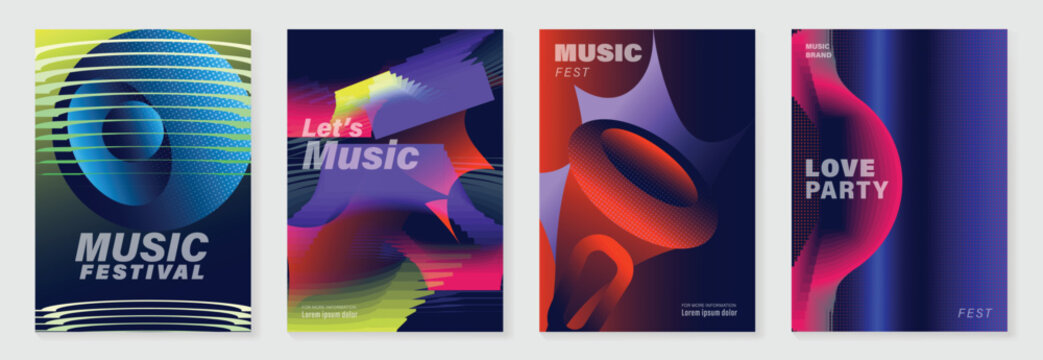 Music festival posters set. Vector abstract event templates with colorful gradient shapes, modern geometric forms and vibrant layouts for concert, party, club and music promotion.