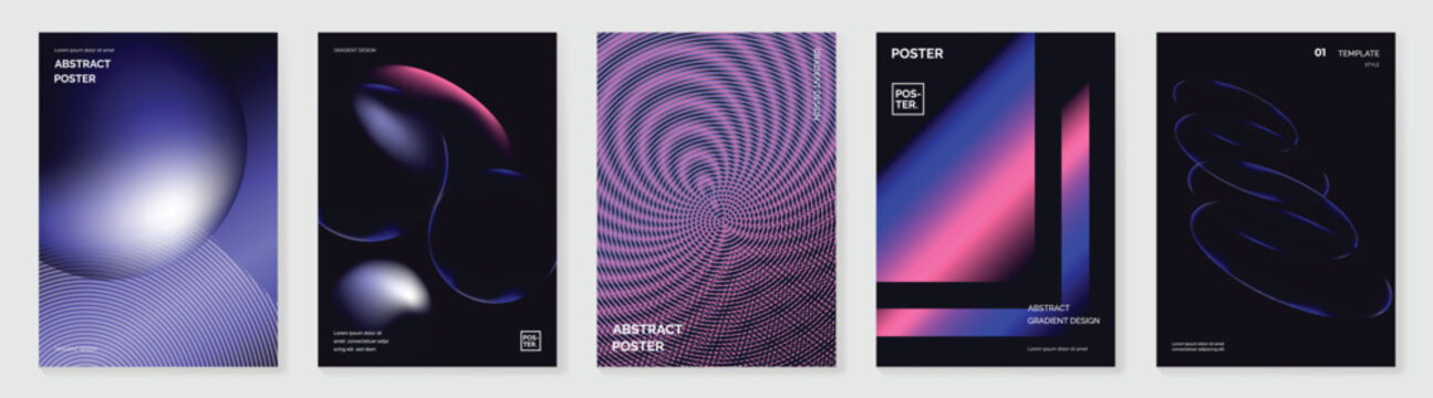 Abstract gradient cover templates set. Vector geometric posters with purple pink black and white shapes, optical patterns and modern layouts for brochure, flyer and presentation design.