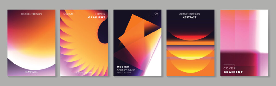Abstract gradient poster templates set. Vector colorful covers with glowing organic shapes, fluid curves and vibrant orange purple yellow forms on dark backgrounds for modern graphic design.