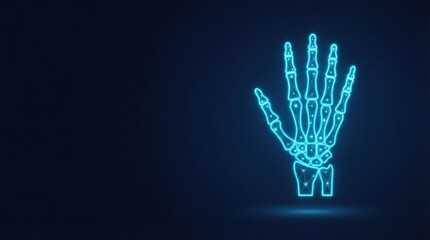 Naklejka premium Striking glowing blue wireframe human hand skeleton on dark background ideal for AI, digital science, and futuristic tech innovation projects.