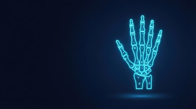 Striking glowing blue wireframe human hand skeleton on dark background ideal for AI, digital science, and futuristic tech innovation projects.