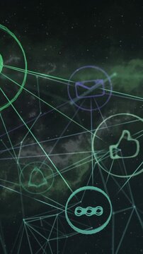 Network of digital icons against network of hexagons spinning in hexagons spinning on black hexagons