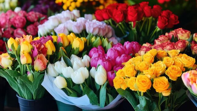 Vibrant assortment of colorful tulips and ranunculus in a flower market