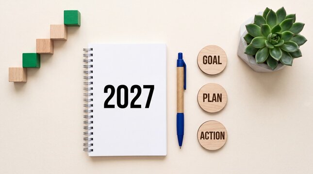Year 2027 business planning notebook. Spiral notepad with wooden blocks for goal plan and action. Corporate strategy layout with green succulent and pen on beige background