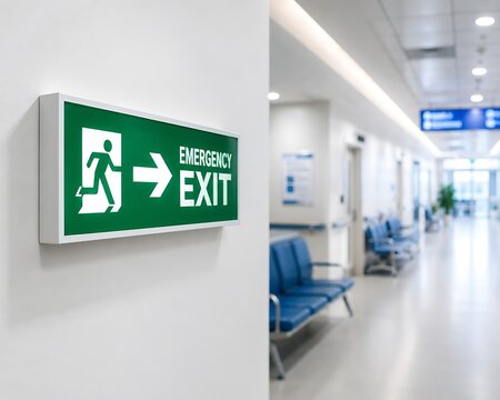 Green emergency exit sign mounted on a white wall in a modern hospital or airport hallway corridor