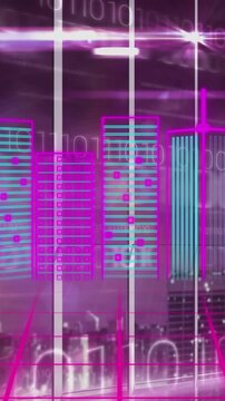 Animation of metaverse city over digital screen with diverse data