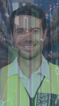 Animation of statistics and financial data processing over man working in warehouse
