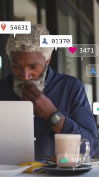 Animated social media icons over a multicolored global business interface.