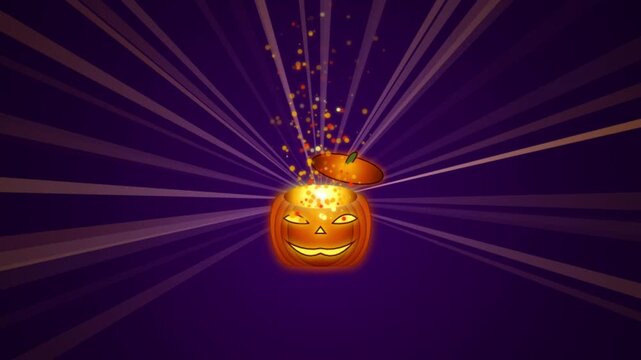 Halloween pumpkin pot with magic golden glowing particles and sunburst light rays loop