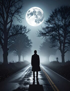 Silhouette of a person in a dark coat on a wet road under a full moon