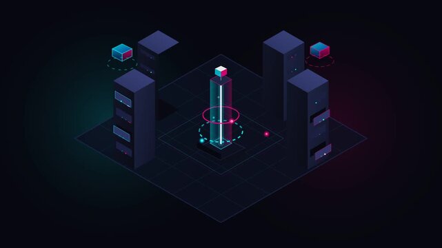Futuristic isometric digital server room and data center graphic concept with glowing neon light elements