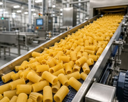 Industrial production line moving raw rigatoni pasta on a conveyor belt in a large modern food factory