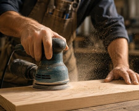 Professional carpenter using an electric orbital sander to smooth a piece of natural wood in his workshop