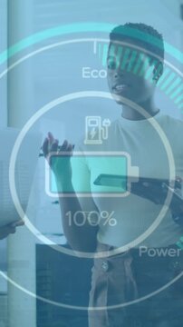 Animation of battery icon with count from 0 to 100, loading circle, diverse coworkers sharing ideas