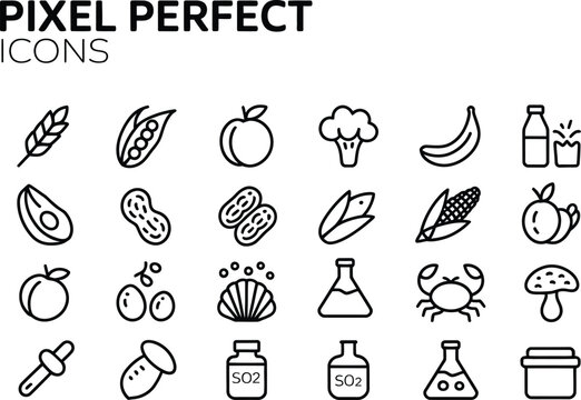 Food and Agriculture Editable Stroke Icon Set with Fruits, Vegetables, Seafood, Grains, Dairy and Laboratory Symbols