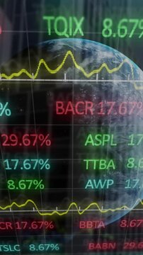 Animation of financial data processing and globe over cityscape