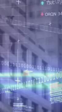 Animation of financial data processing over cityscape