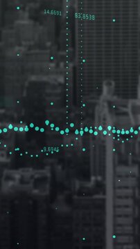 Animation of financial data processing over cityscape
