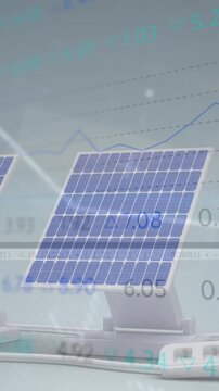 Animation of vhs glitch effect over stock market data processing against solar panels