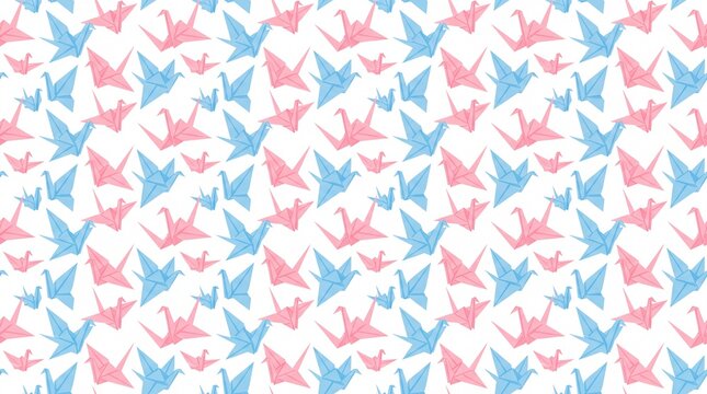 Pastel pink and blue origami paper cranes seamless vector pattern