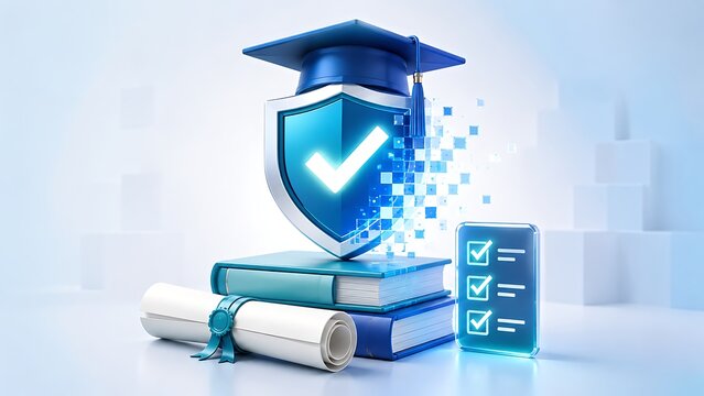 Digital Education Transformation With Pixelated Certification Shield And Diploma