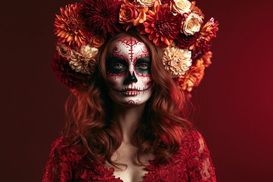 Dia de los Muertos Portrait with Floral Headdress and Skull Makeup