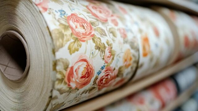 Close-up of fabric rolls with vintage floral rose pattern