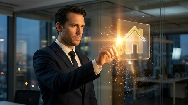 Businessman interacting with glowing house hologram in office