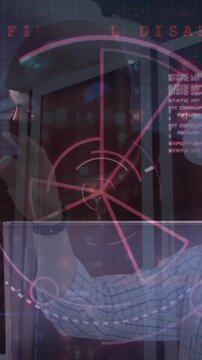 Animation of cyber security data processing over male hacker and caucasian man wearing vr headset