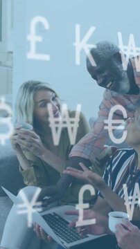 Animation of currency symbols processing overdiverse friends