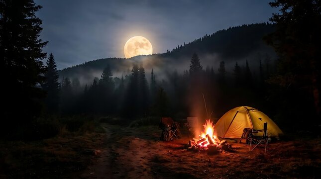 Camping tent and campfire under full moon in forest