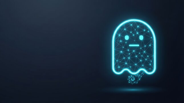 Glowing blue wireframe ghost hologram symbolizes AI, machine learning, and futuristic tech innovation against dark background with ample copy space.