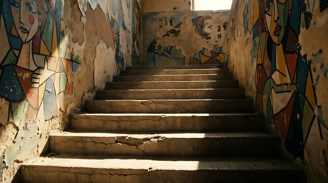 Concrete staircase with artistic wall murals