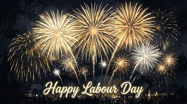 Bright golden fireworks display in the night sky celebrating the international workers day or labour day holiday