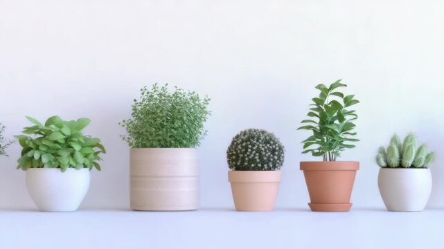 Row of potted indoor plants in ceramic pots on a white background