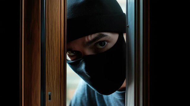 Suspicious intruder in a face mask and beanie peering through a window