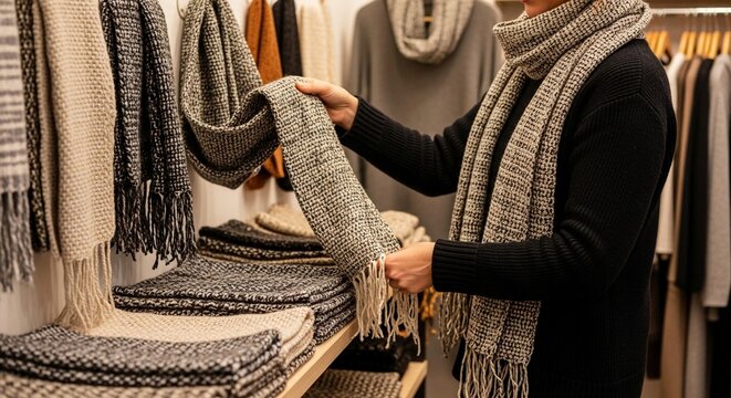 Customer browsing a selection of handcrafted scarves in a cozy boutique fashion store.