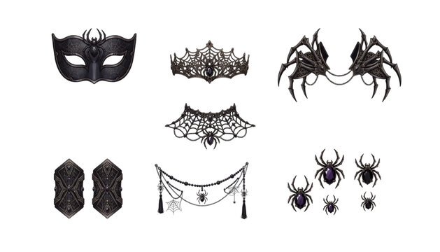 Gothic spider costume accessories featuring masks, crowns, armor pieces and web jewelry vector design