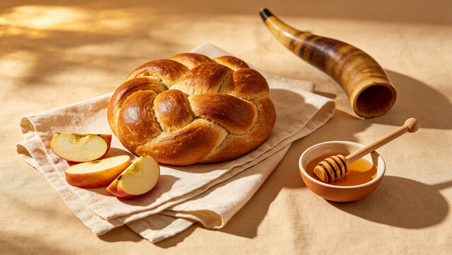 Rosh Hashanah table setting with round challah, apples, honey dipper, and shofar, Jewish new year and holiday concept