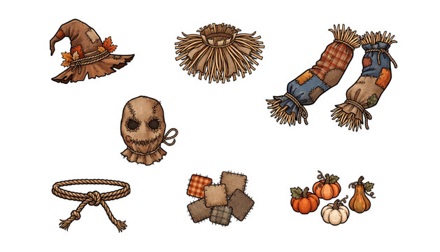 Rustic Halloween costume accessories featuring witch hat, straw collar, patchwork sleeves, scarecrow mask and pumpkins vector design