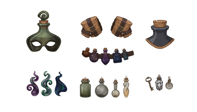 Fantasy alchemy costume accessories featuring potion bottles, mask, leather cuffs, key and crystal pendant vector design