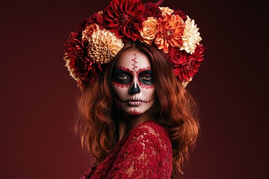 Dia de los Muertos Portrait with Floral Headdress and Skull Makeup