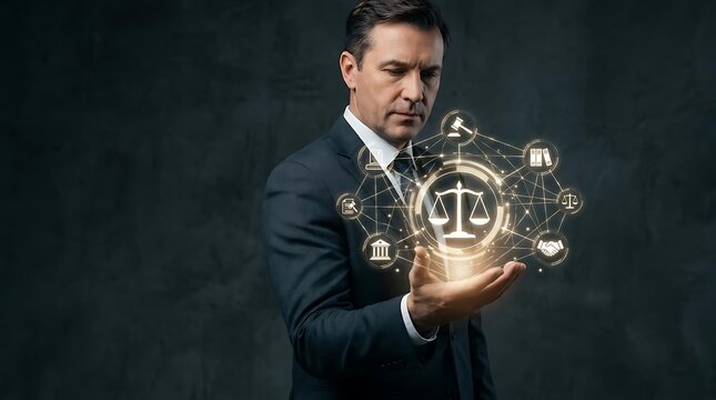 Man in suit presenting digital law technology
