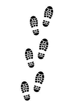 Black boot footprint trail on white background.